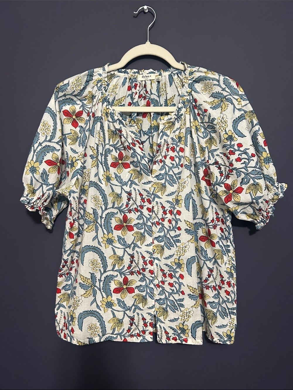 dylan Floral Puff-Sleeve Blouse - Cream with Red & Blue Floral Print